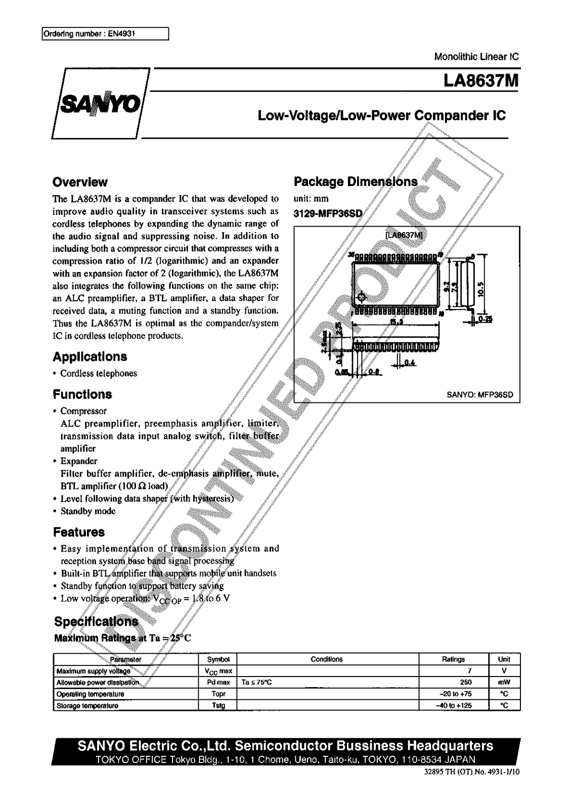 Sanyo LA8637M Specifications