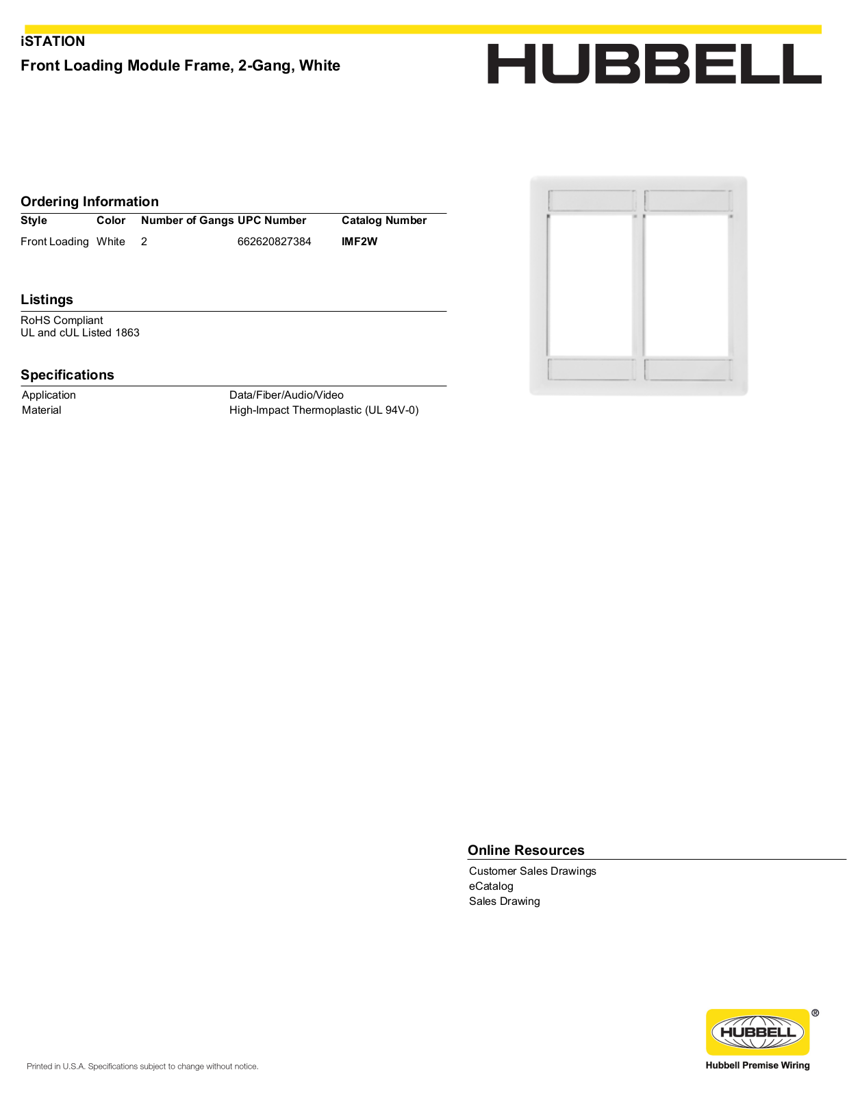 Hubbell IMF2W Specifications