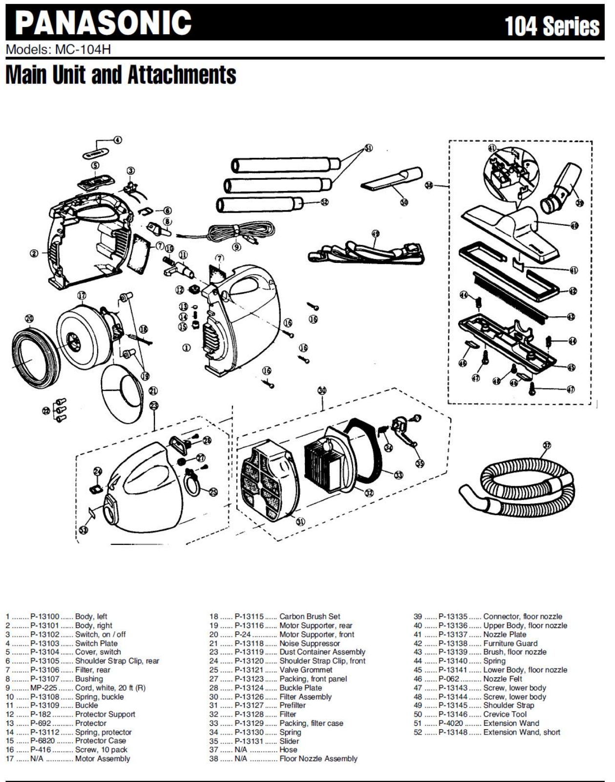 Panasonic Mc-104h Parts List