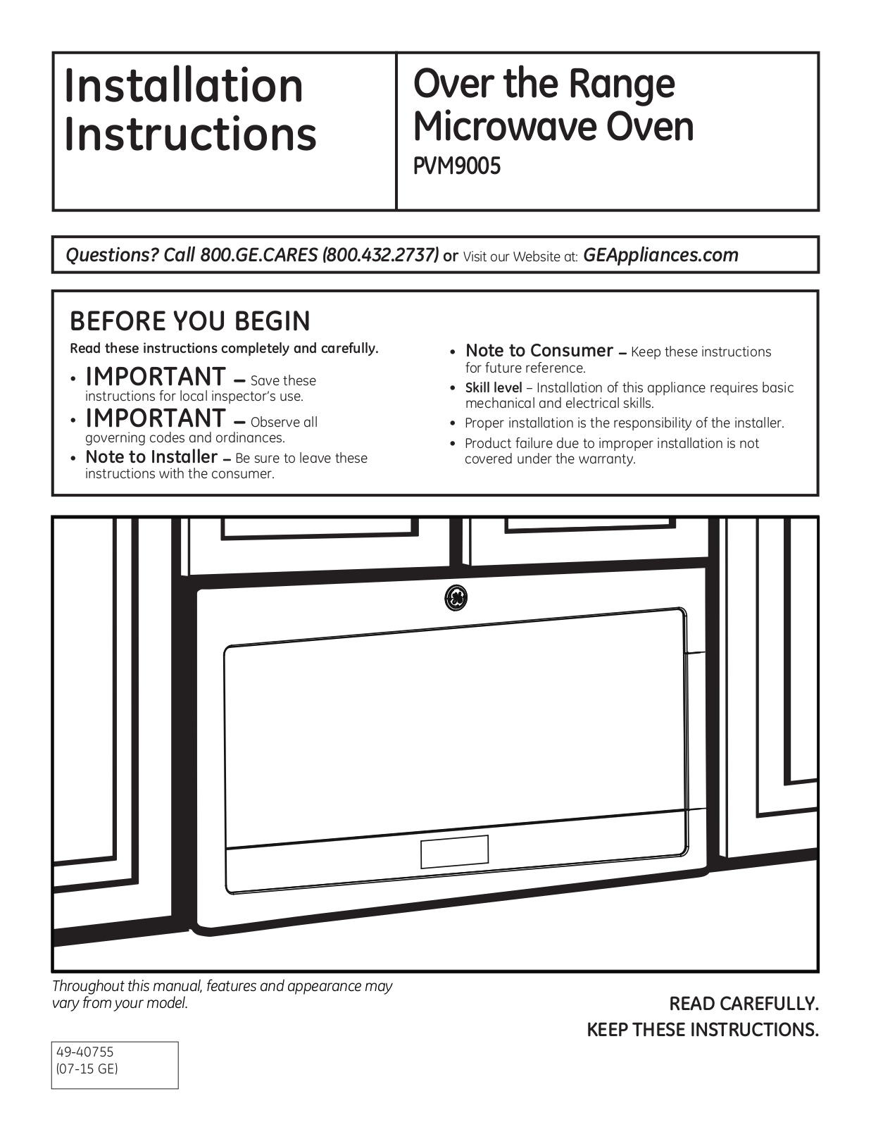 GE Profile PVM9005BLTS Installation Manual