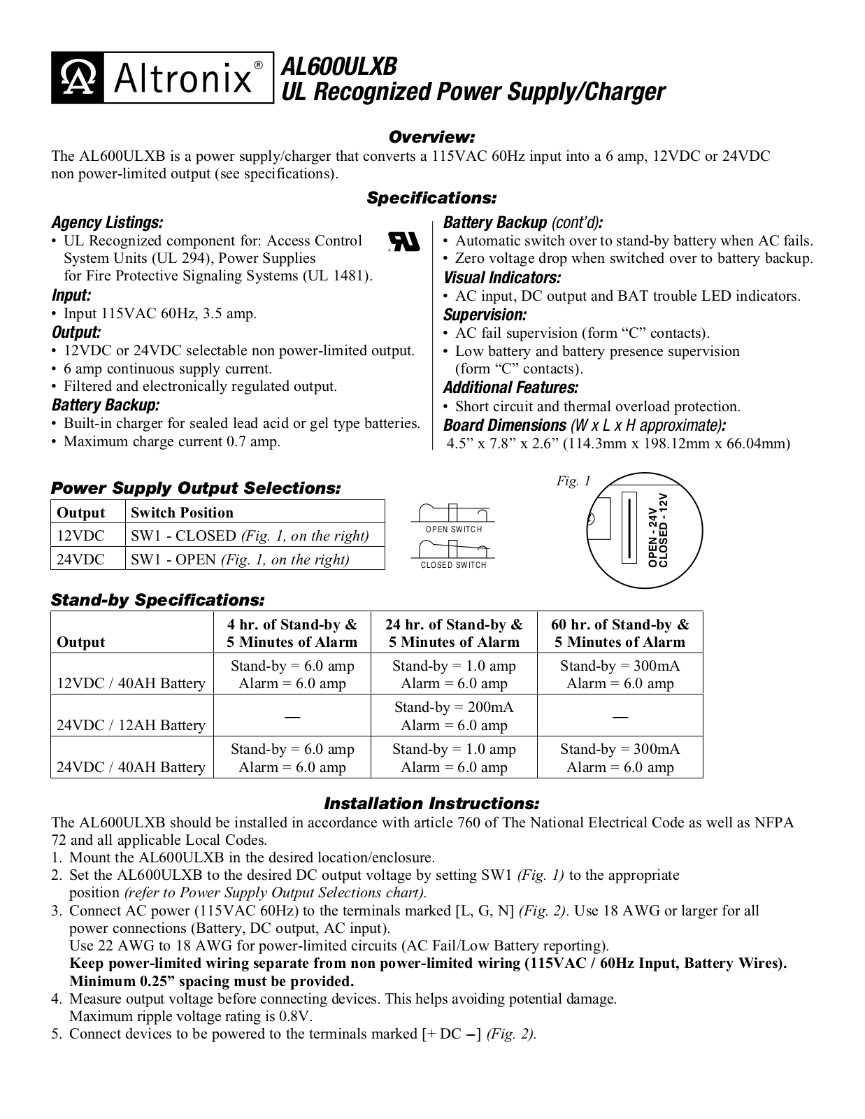 Altronix AL600ULXB Installation Instructions