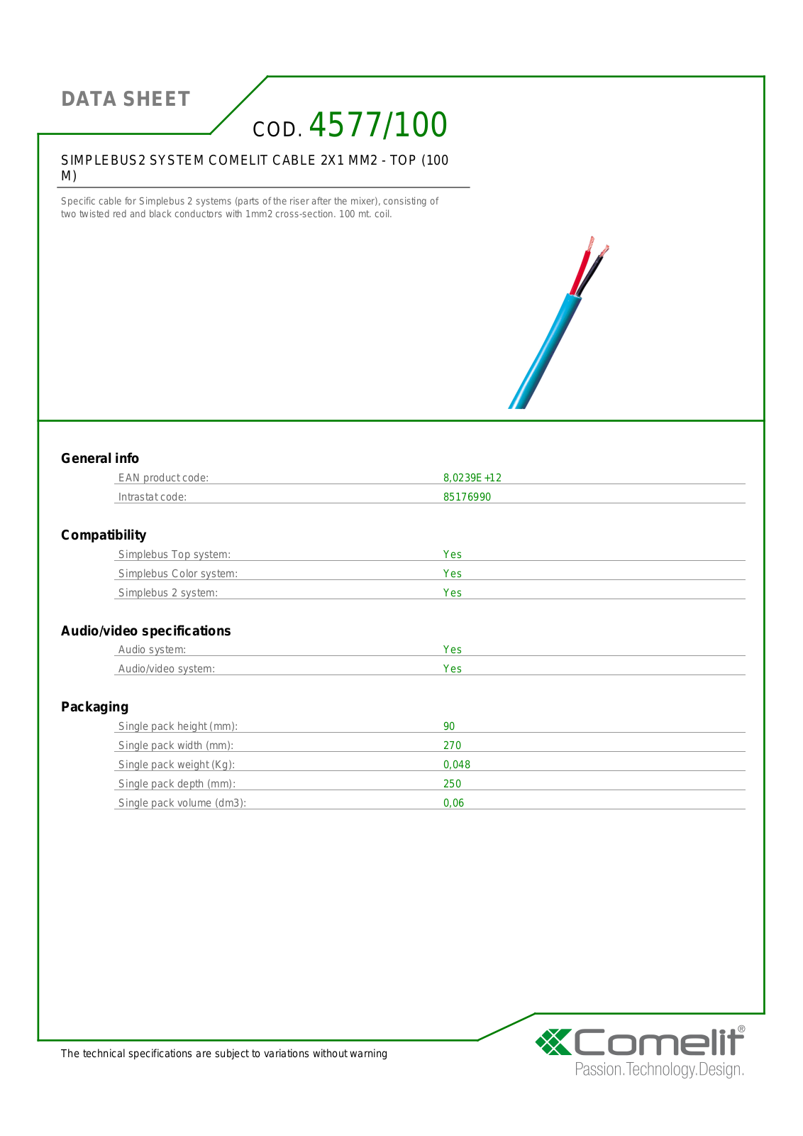 Comelit 4577-100 Specsheet