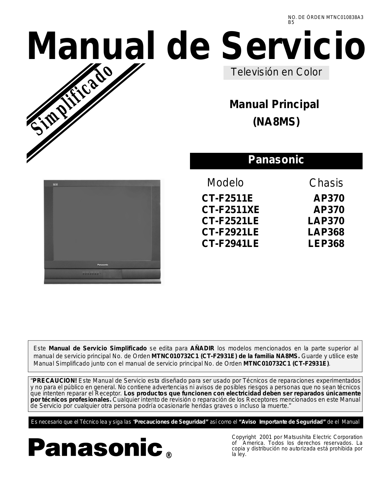 Panasonic CT-F2511E, CT-F2511XE, CT-F2521LE, CT-F2921LE, CT-F2941LE Service Manual