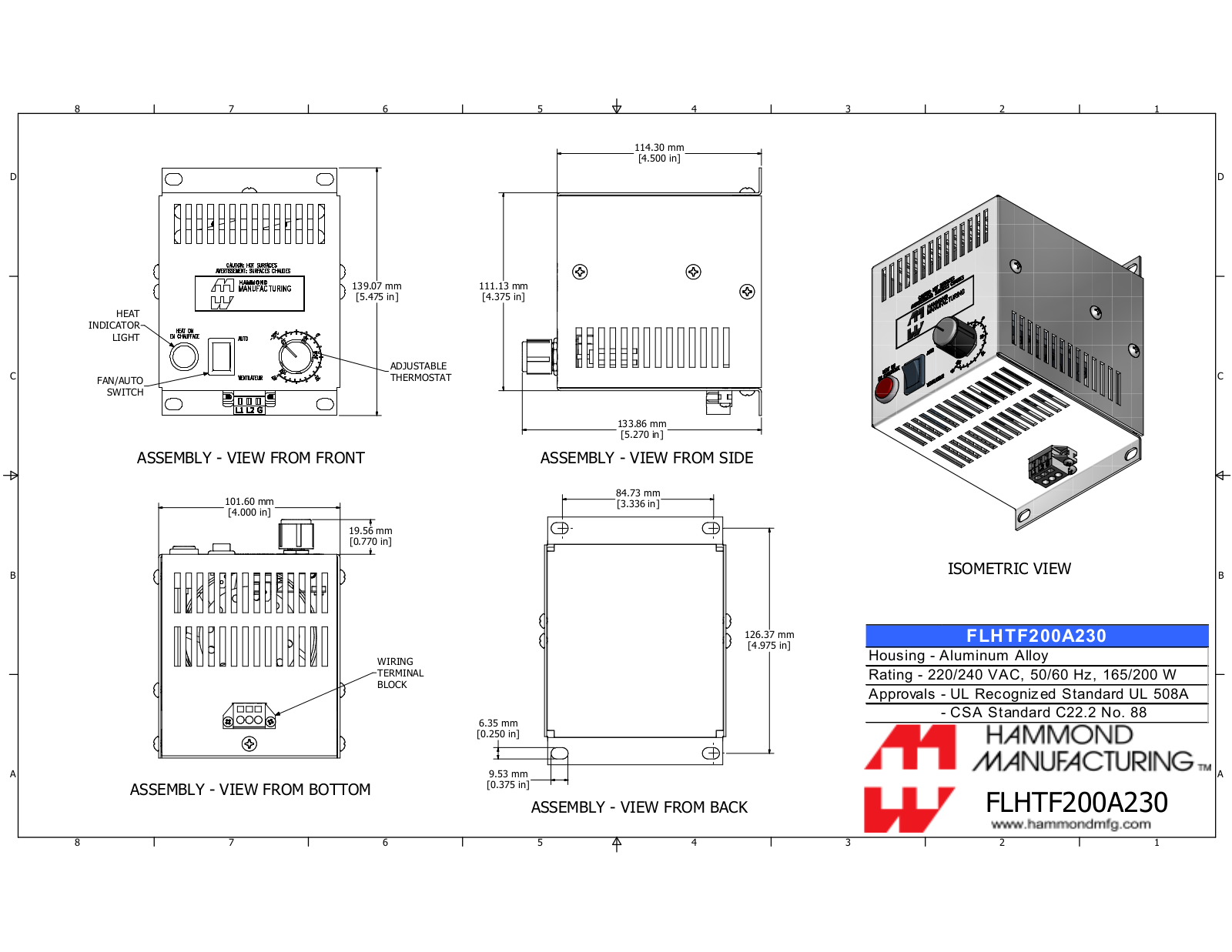 Hammond Manufacturing FLHTF200A230 technical drawings