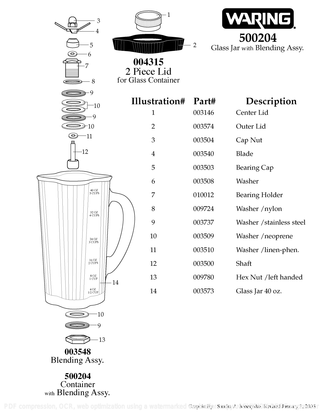 Waring 500204 Parts List