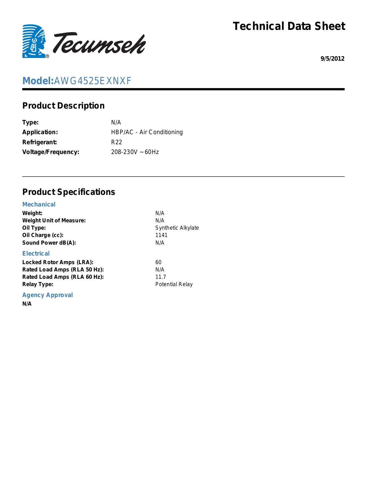 Tecumseh AWG4525EXNXF User Manual