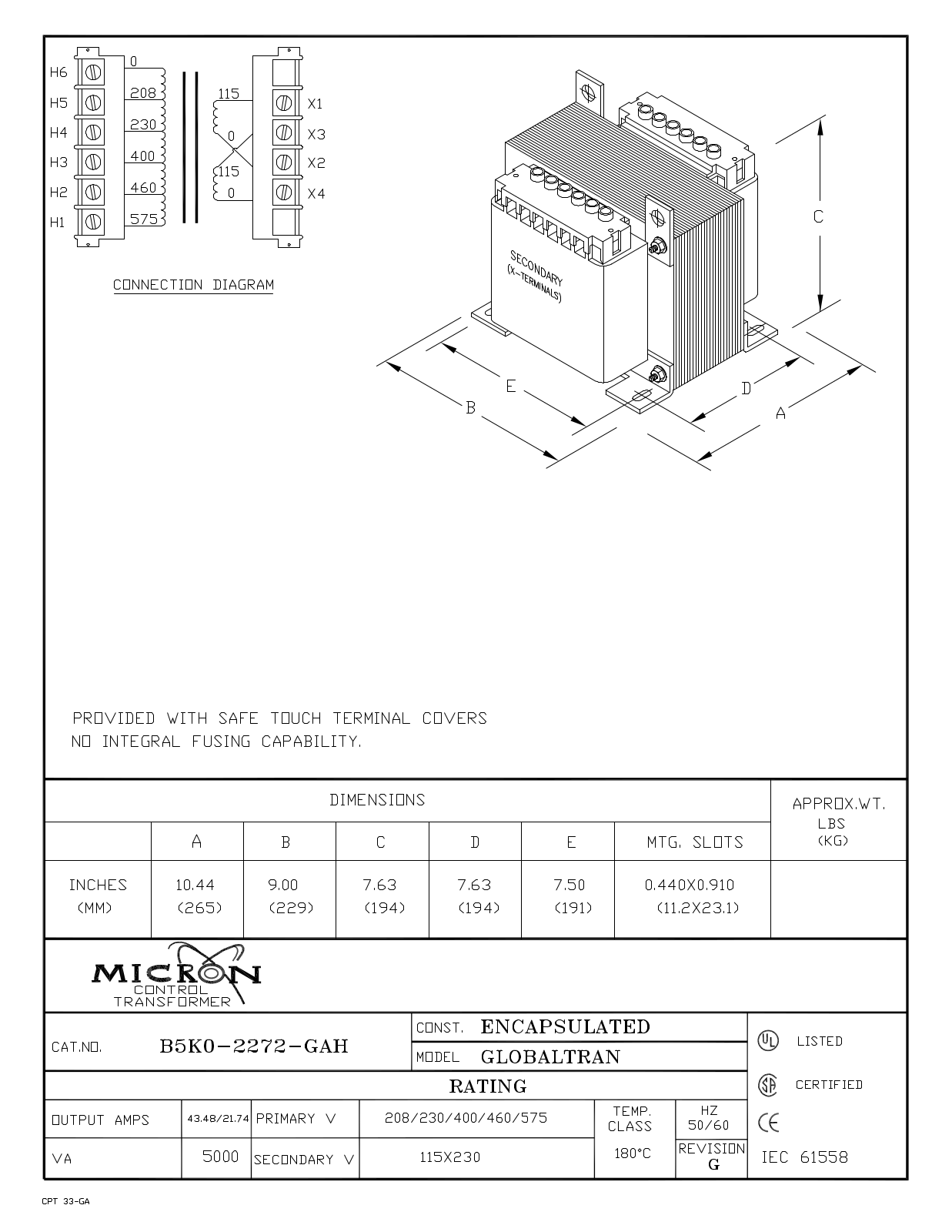 Micron Industries B5K0-2272-GAH Specification Sheet