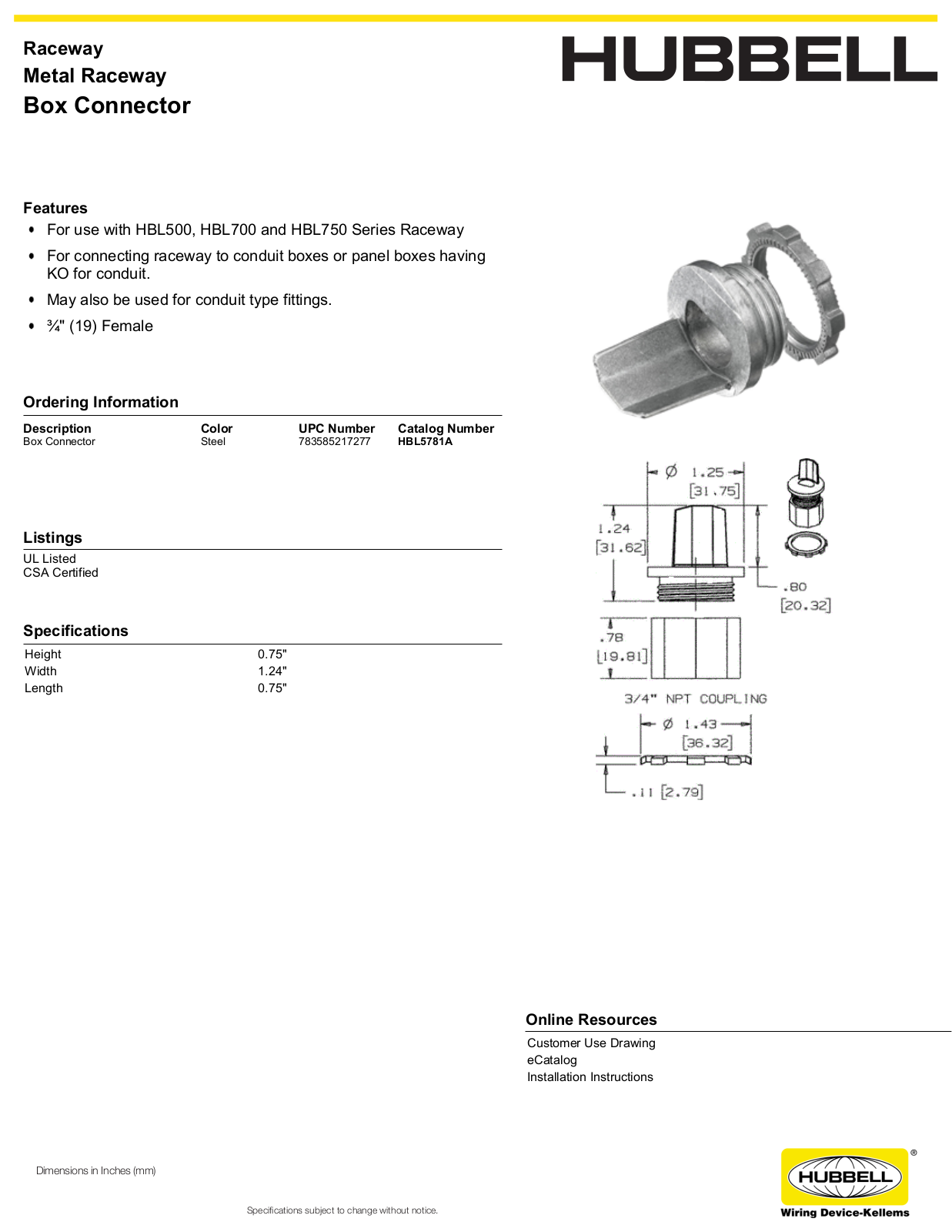 Hubbell HBL5781A Specifications