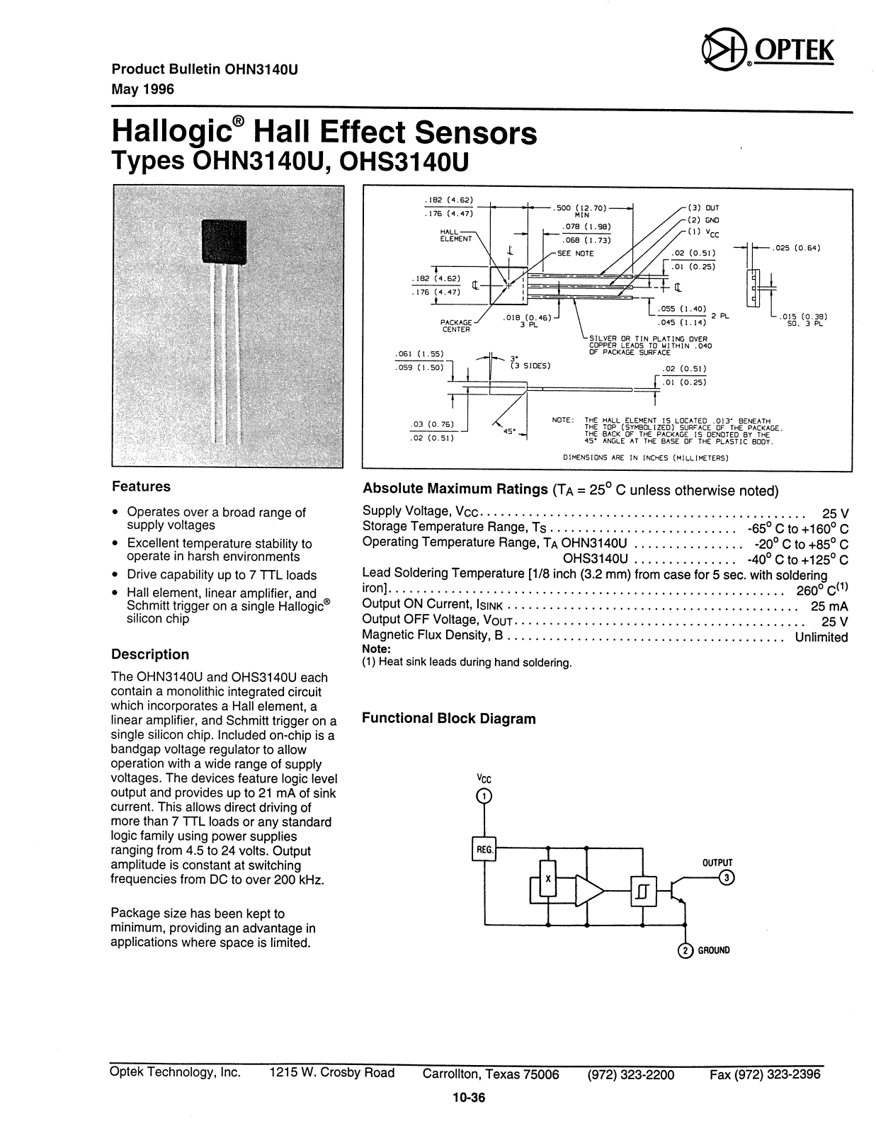 OPTEK OHS3140U, OHN3140U Datasheet