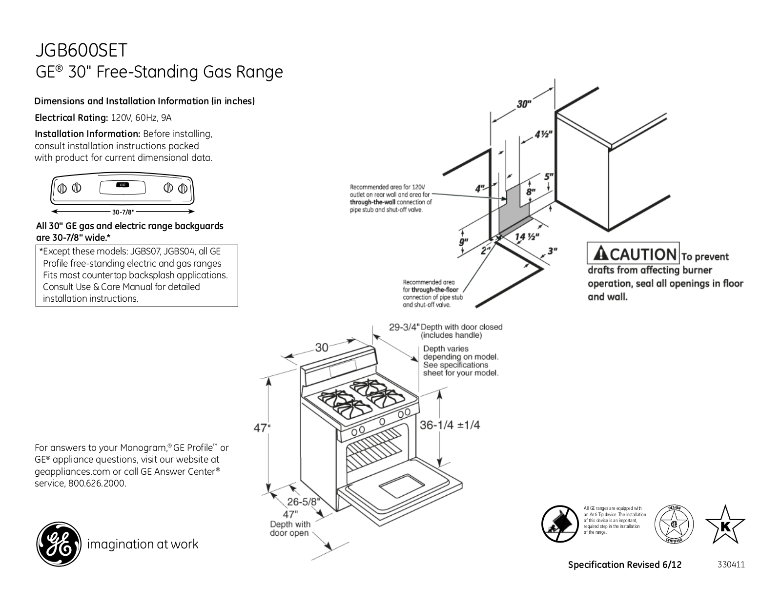 GE JGB600SET Specification