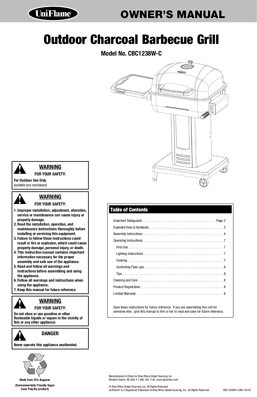 Uniflame CBC1238W-C Owner's Manual