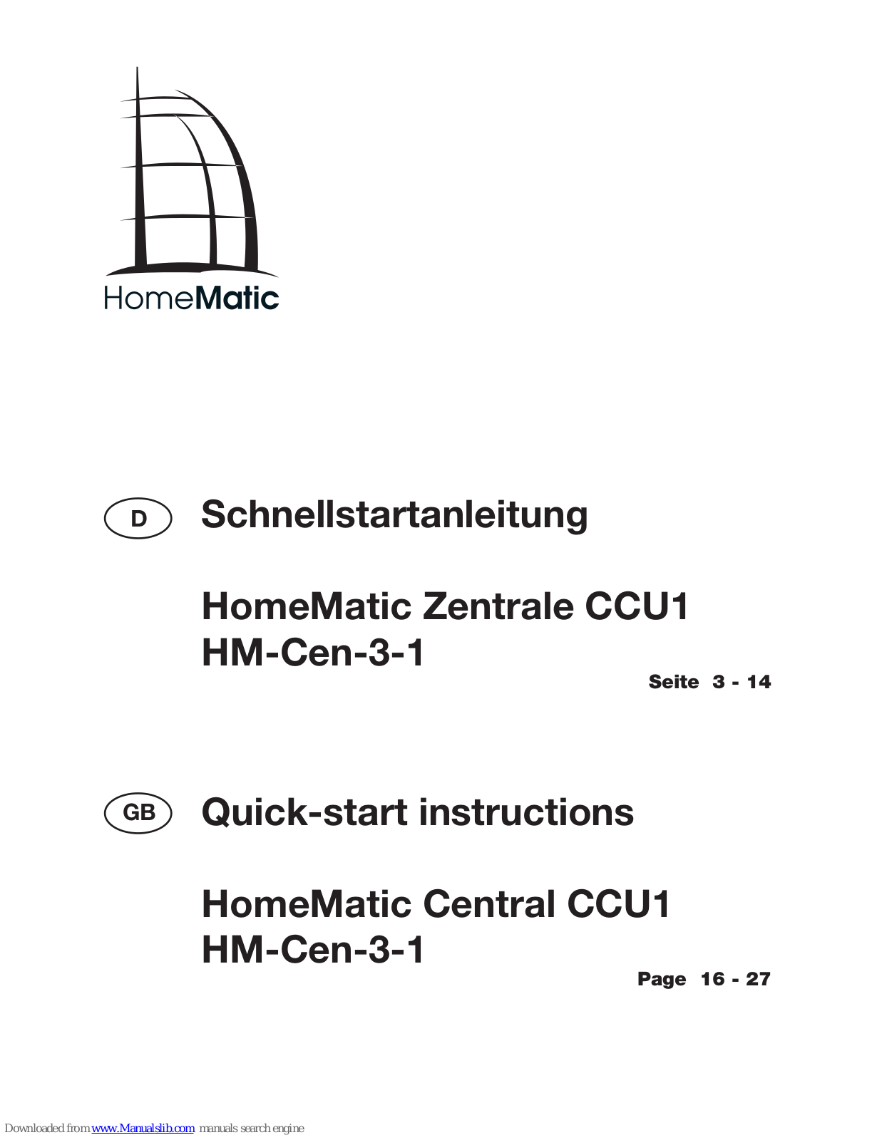 HomeMatic HM-Cen-3-1 Quick Start Instructions