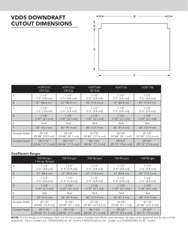 Viking VGRT530, VRT530, VGRT536, VRT536, VGRT548 Dimensions Guide