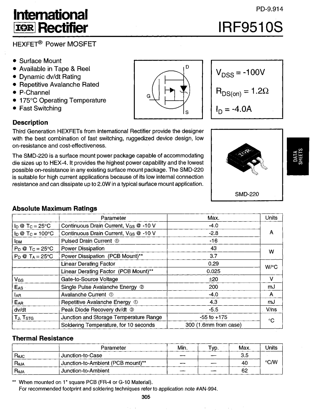 International Rectifier IRF9510S Datasheet