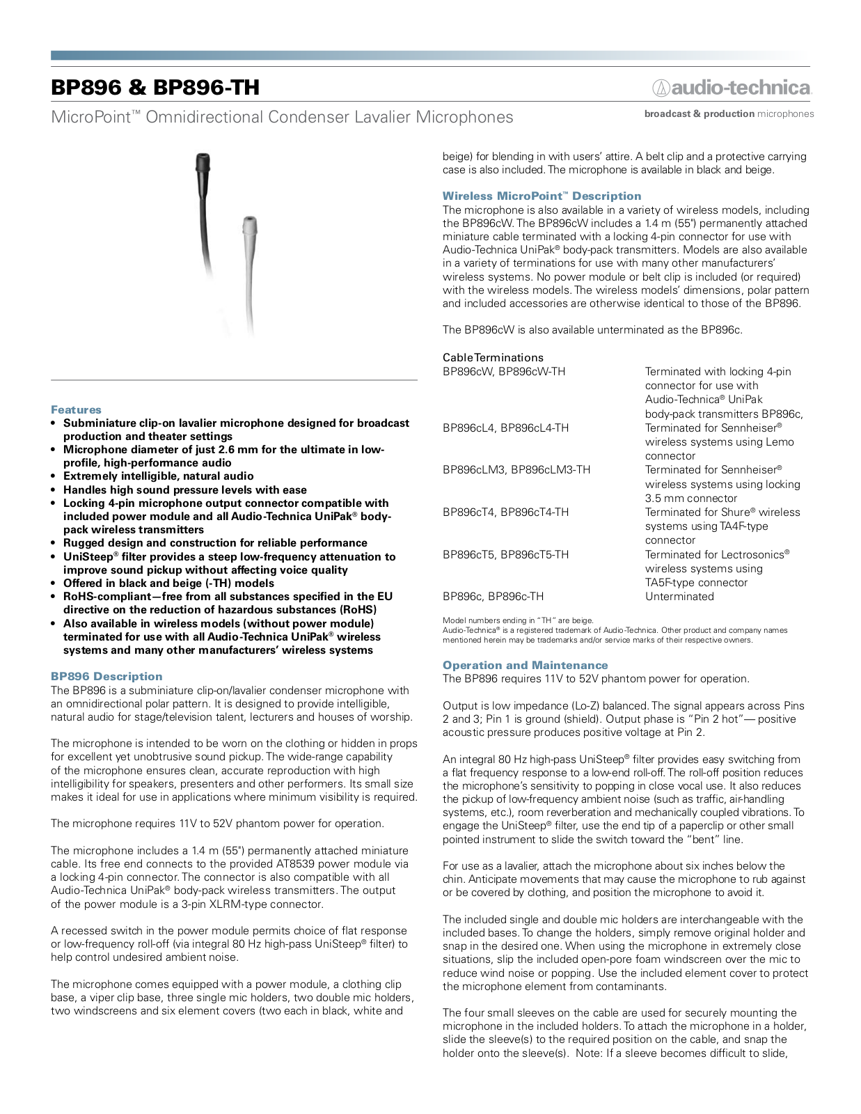 Audio-Technica BP896, BP896-TH User Manual