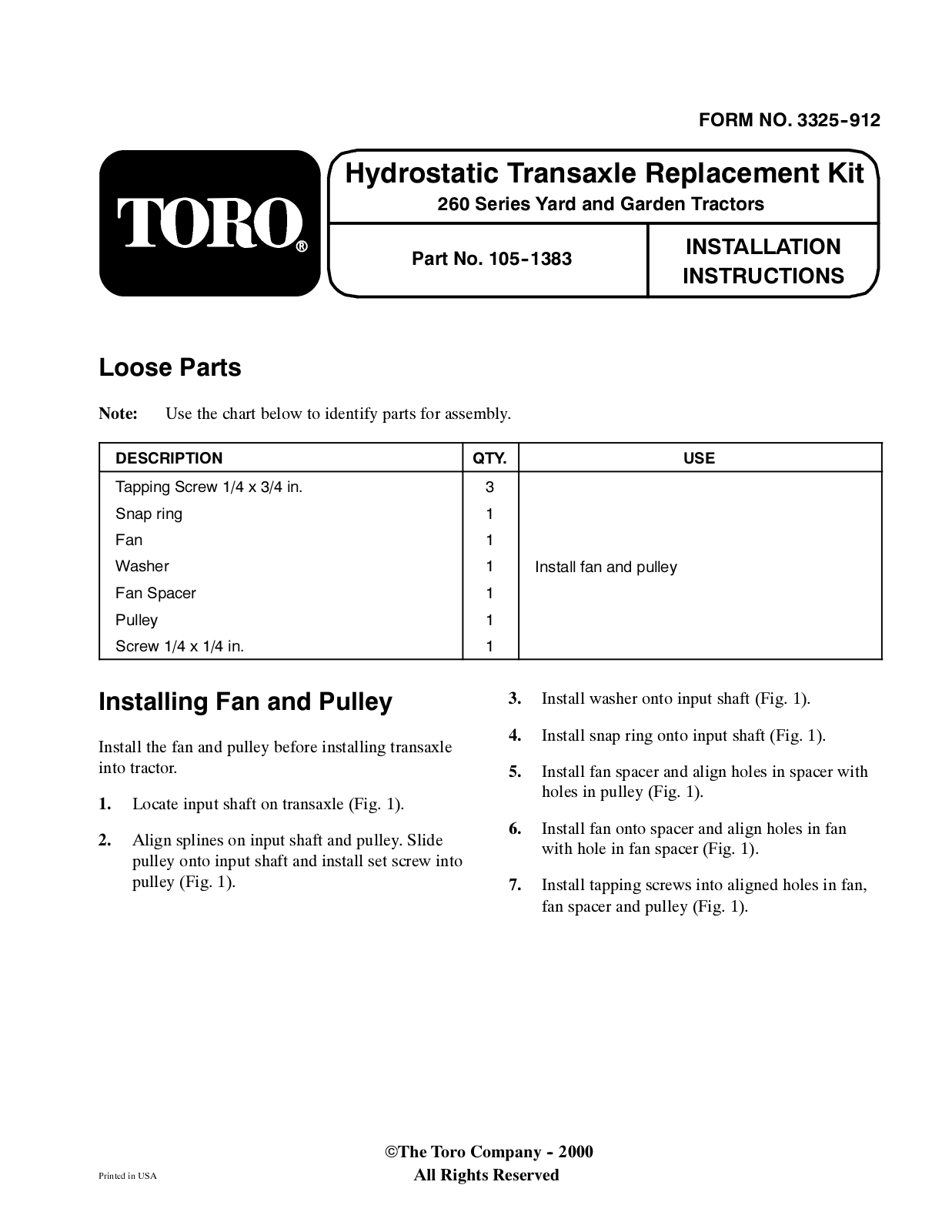 Toro 105-1383 Installation Instructions