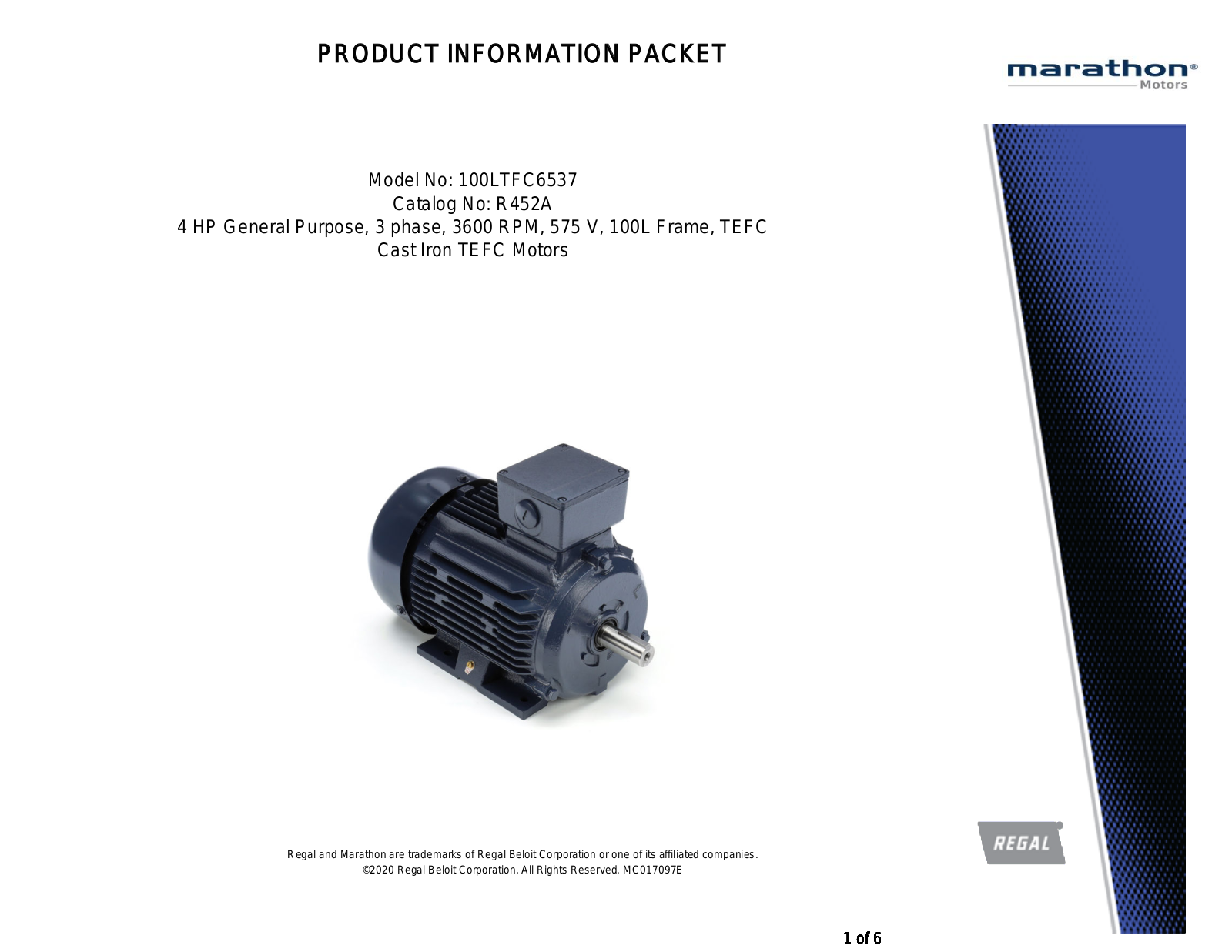 Marathon Electric R452A Product Information Packet