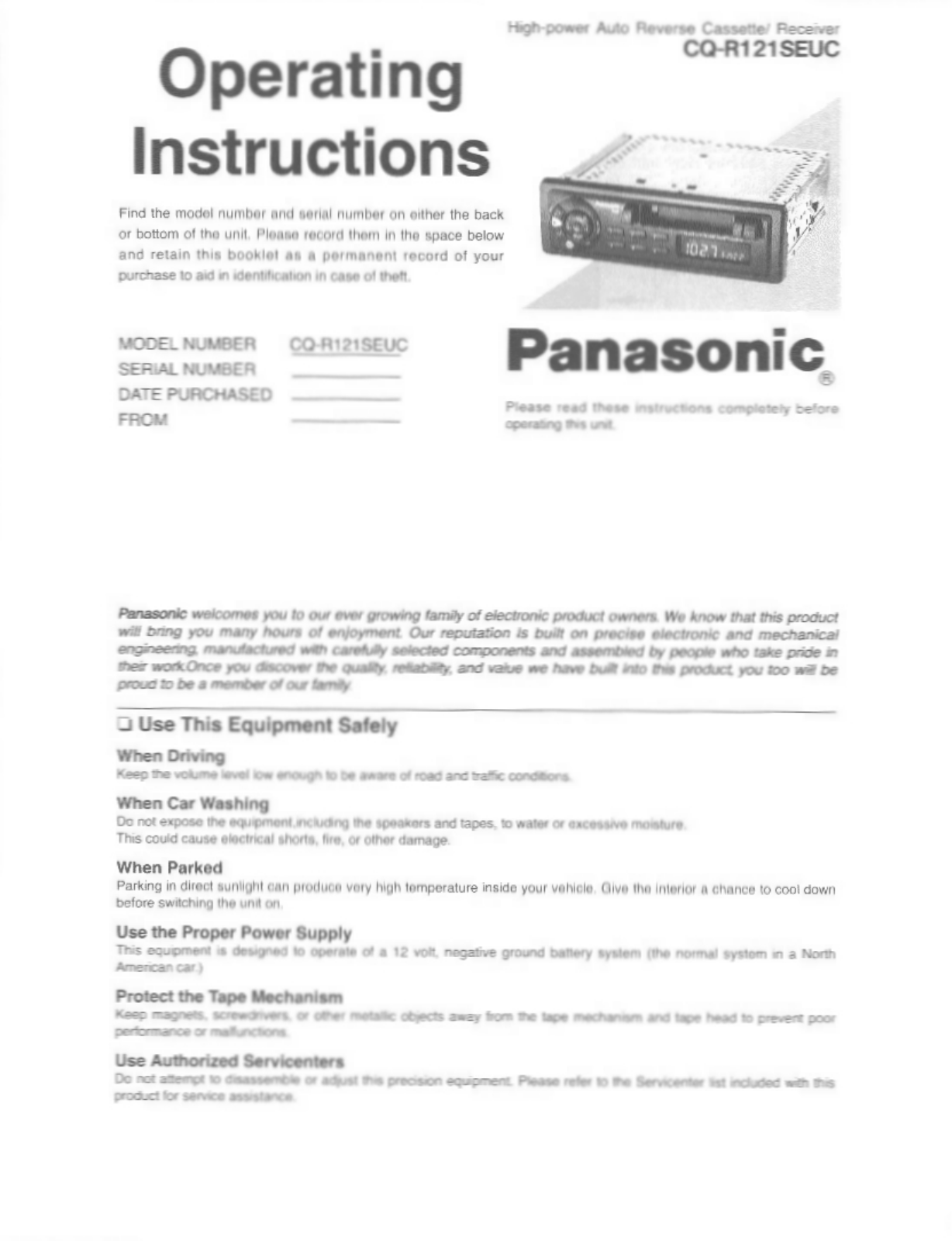 Panasonic cq-r121seuc Operation Manual