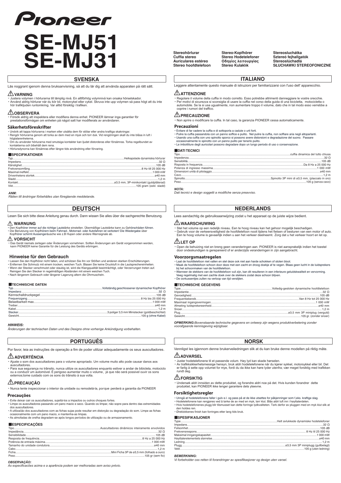 PIONEER SE-MJ31, SE-MJ51 User Manual