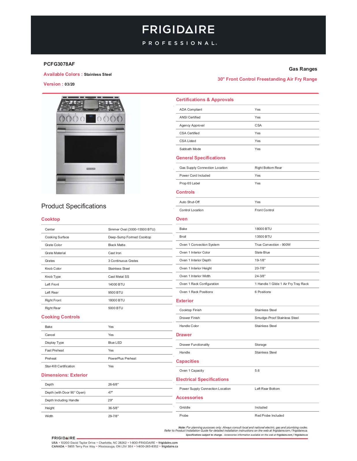 Frigidaire PCFG3078AF Specification Sheet