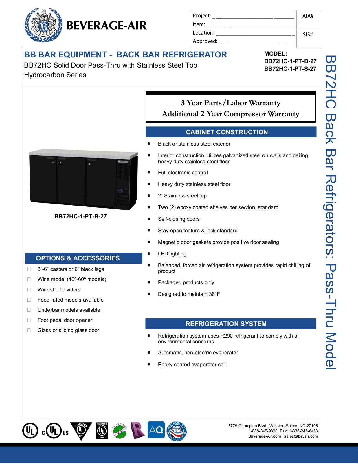 Beverage-Air BB72HC1PTS27 Specifications