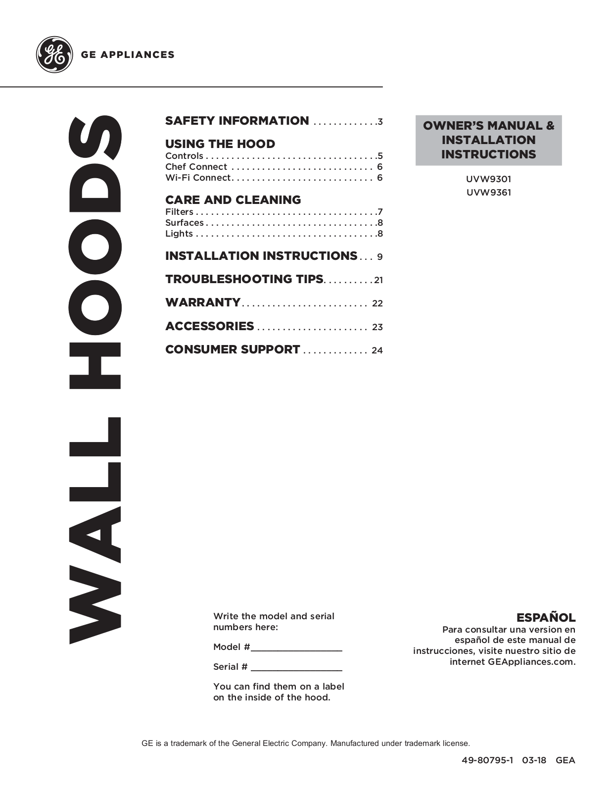 GE UVW9301SLSS OWNER’S MANUAL & INSTALLATION INSTRUCTIONS