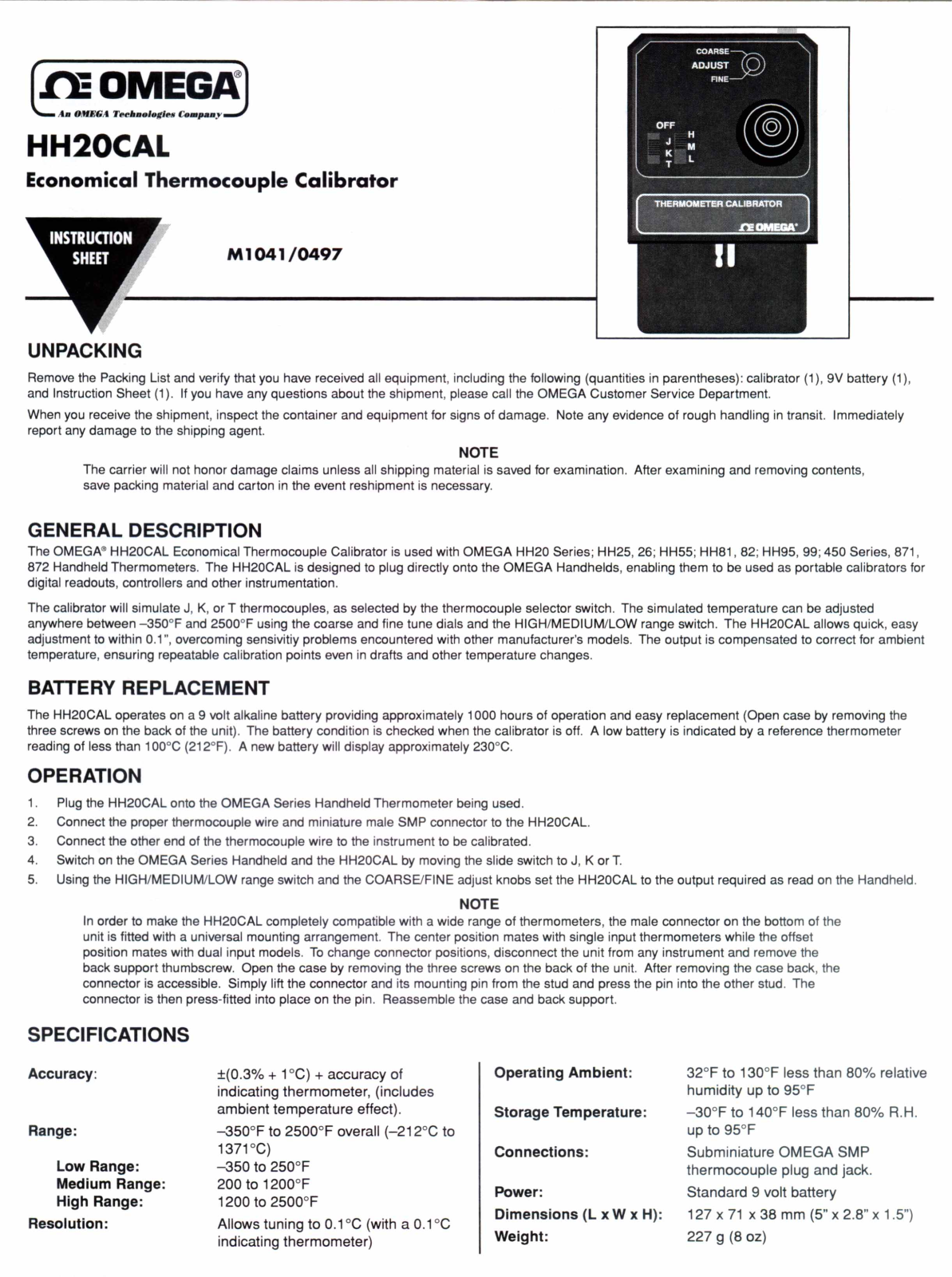 Omega Products HH20CAL Installation  Manual