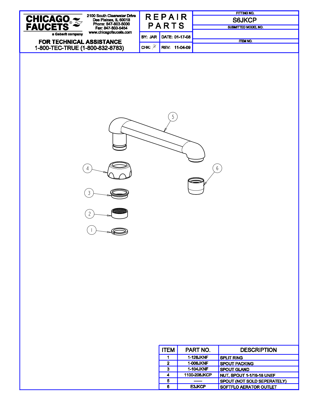 Chicago Faucet S6JK Parts List