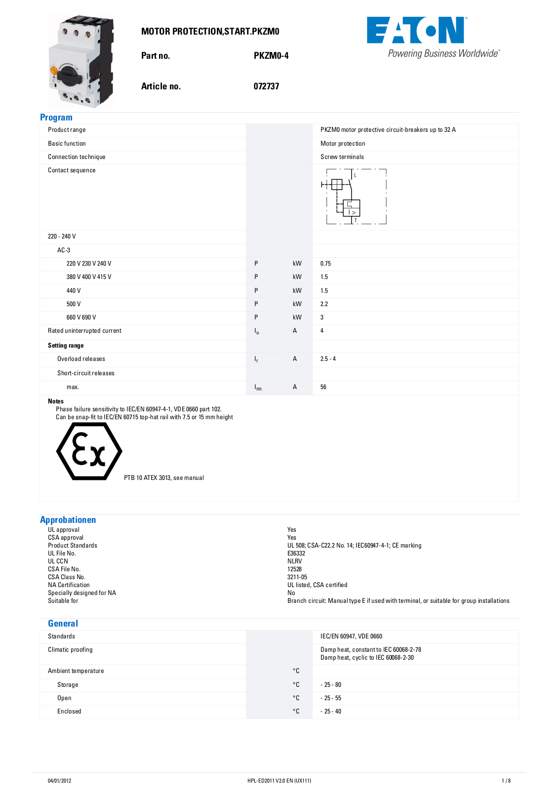 Cutler Hammer, Div of Eaton Corp PKZM0-4 Data Sheet