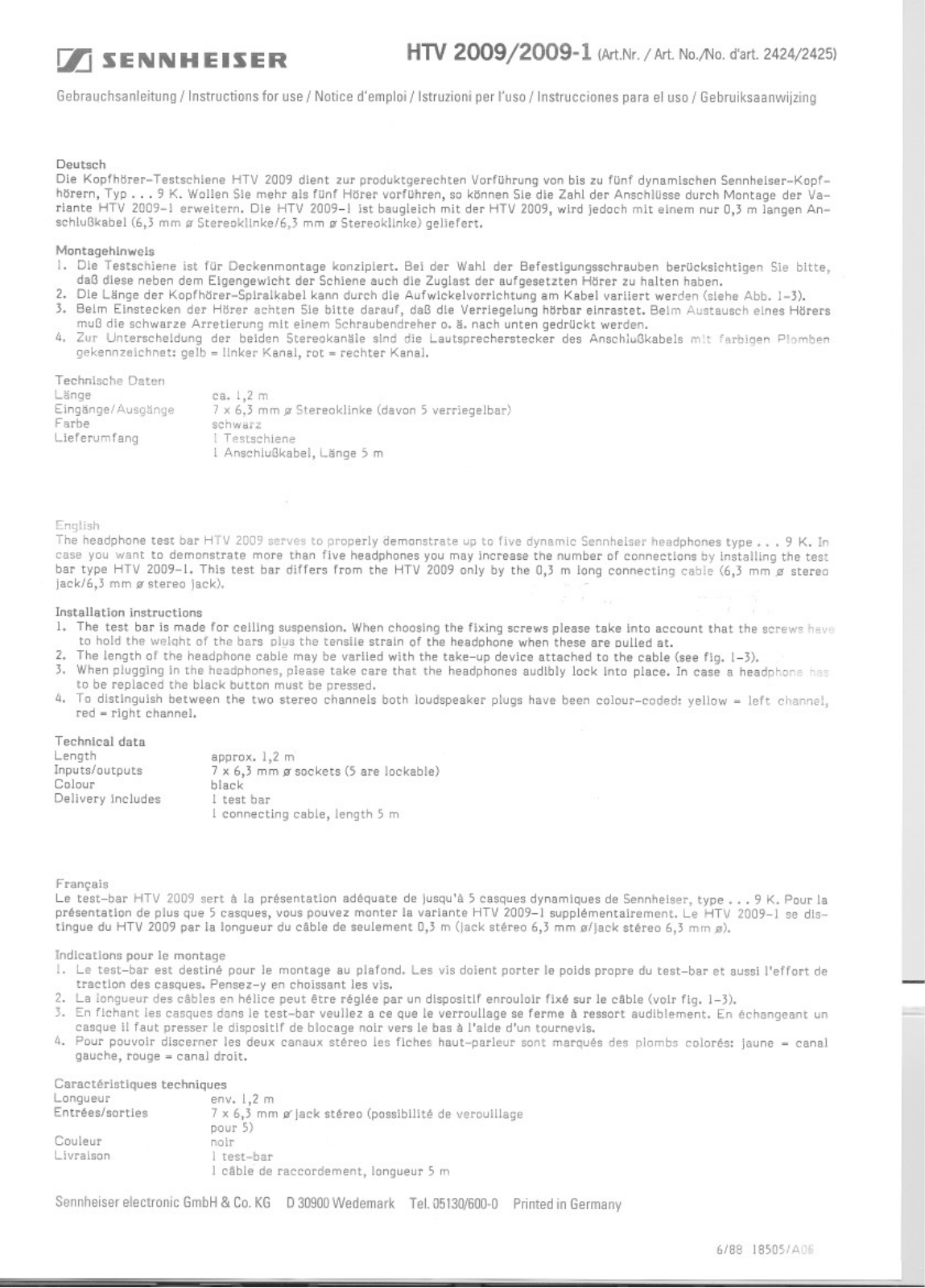 Sennheiser HTV 2009-1 User Manual