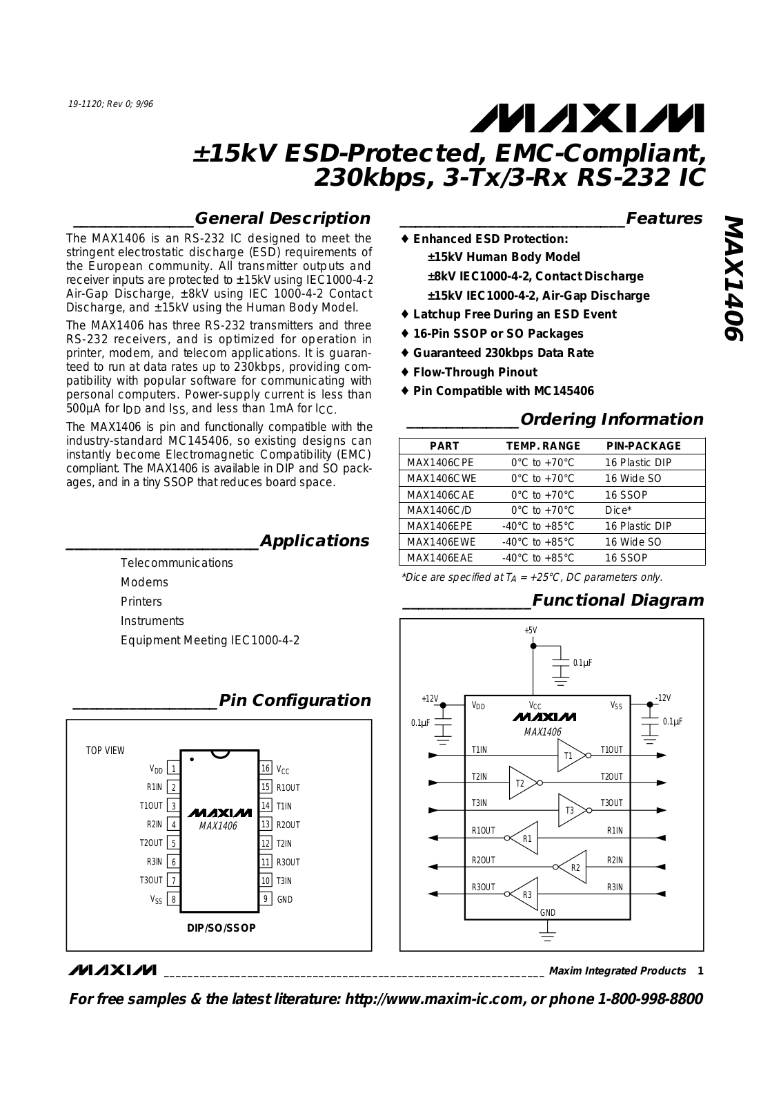 Maxim MAX1406EWE, MAX1406EPE, MAX1406EAE, MAX1406CWE, MAX1406CPE Datasheet