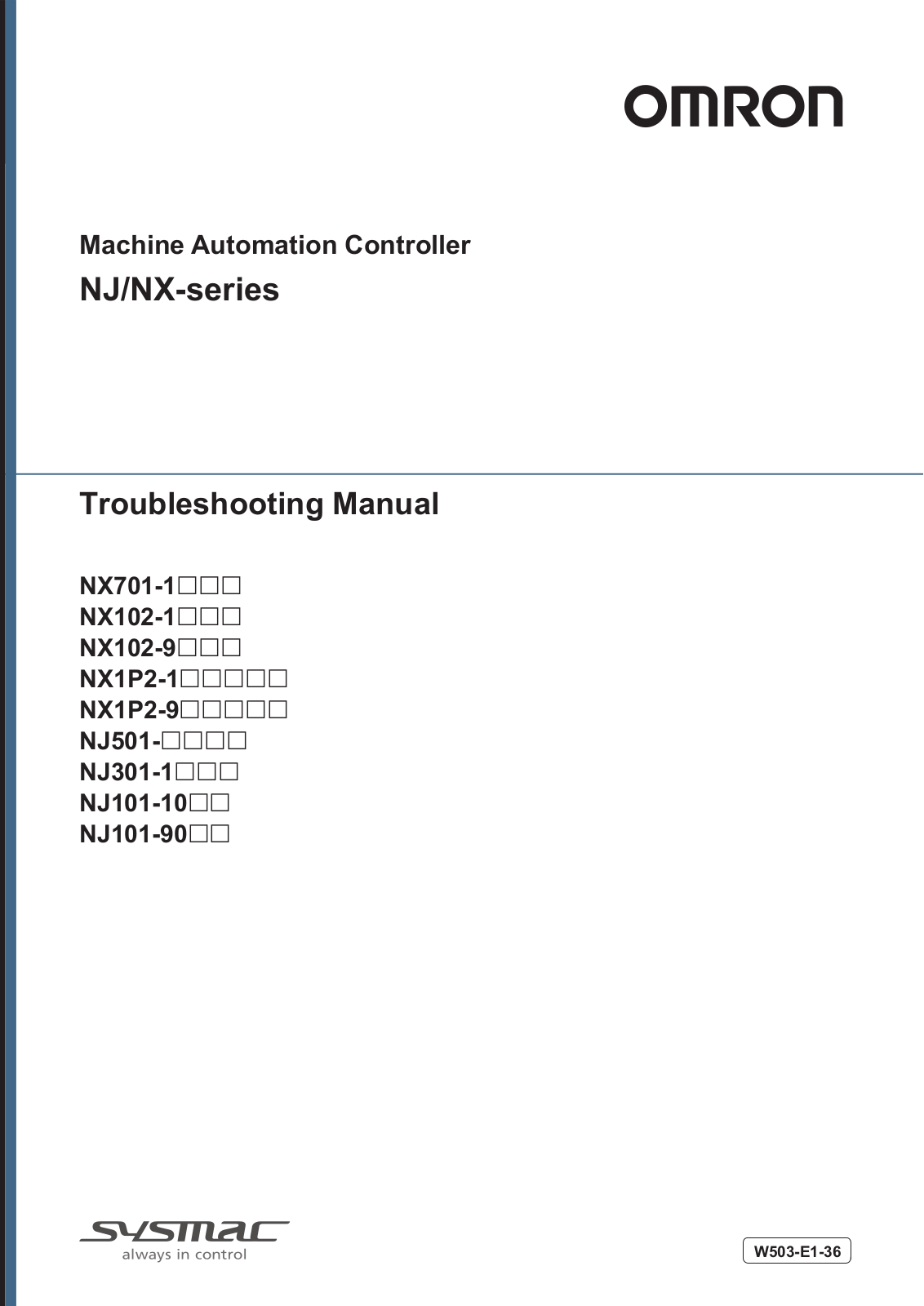 Omron NX701-1, NX102-1, NX102-9, NX1P2-1, NX1P2-9 Troubleshooting Manual