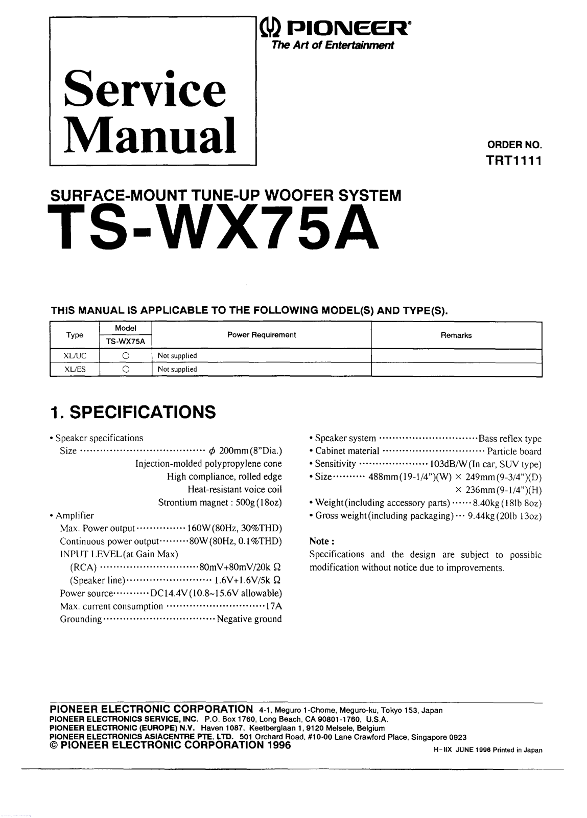 Pioneer TSWX-75-A Service manual