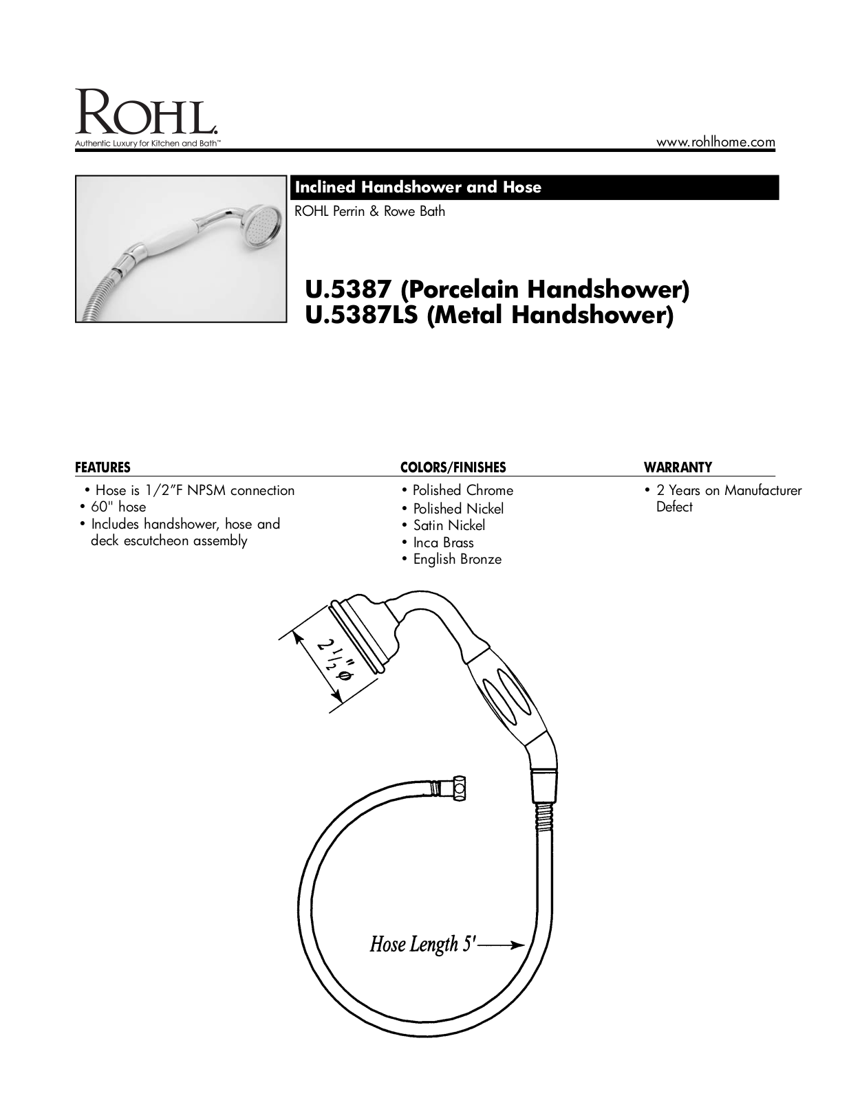 Rohl U5387STN Inclined Handshower And Hose