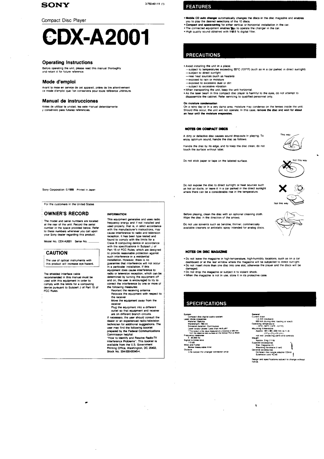 Sony CD-XA2001 User Manual