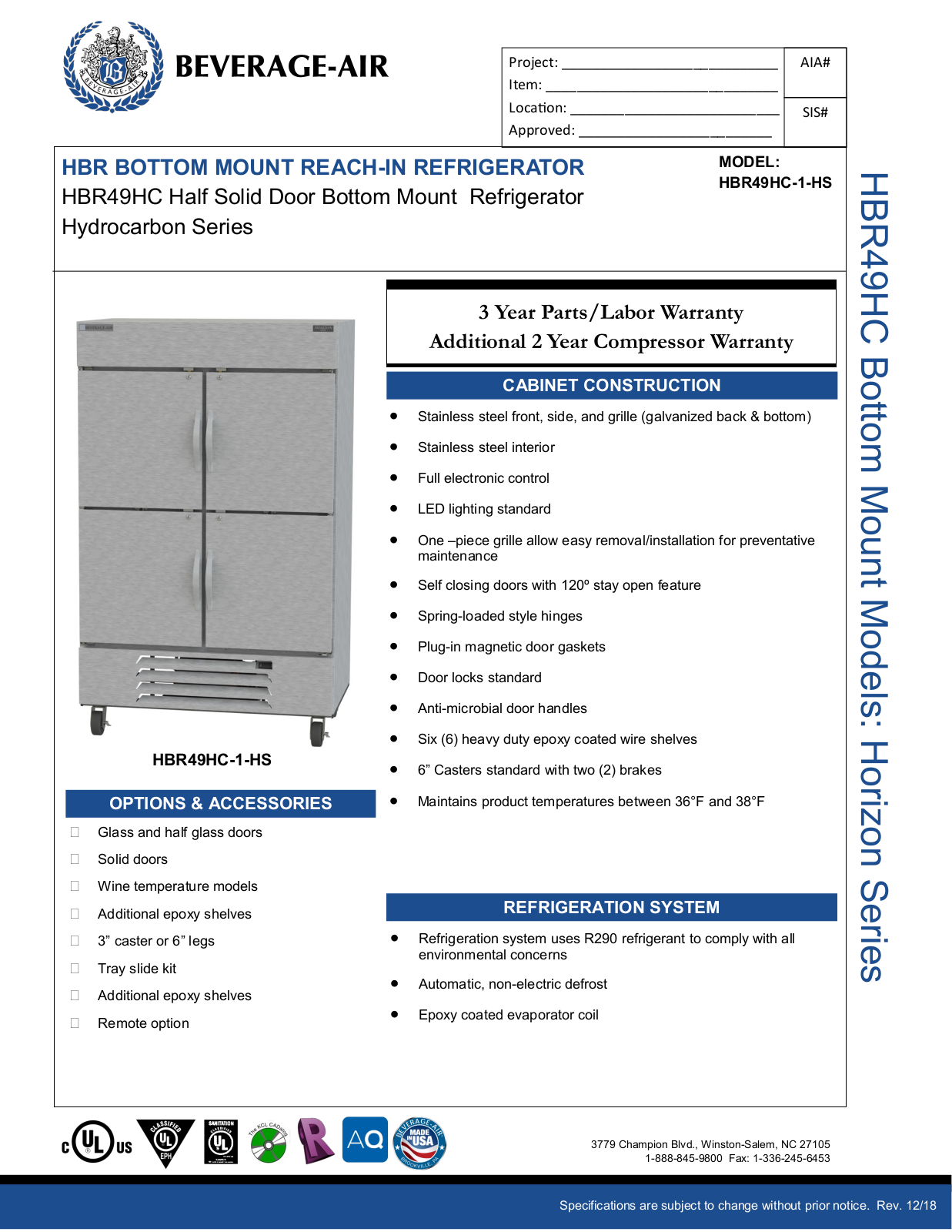 Beverage-Air HBR49HC1HS Specifications