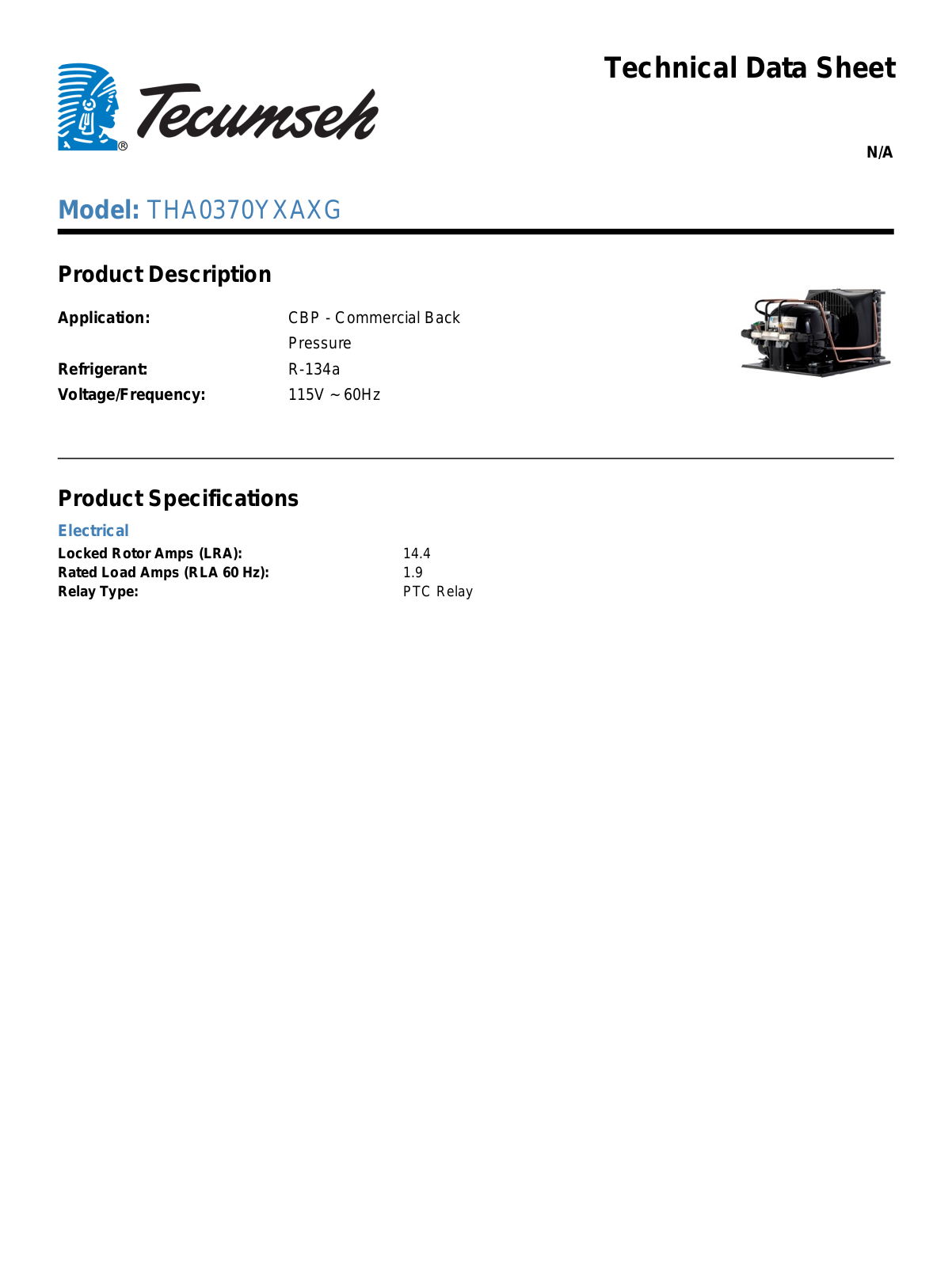 Tecumseh THA0370YXAXG Technical Data Sheet