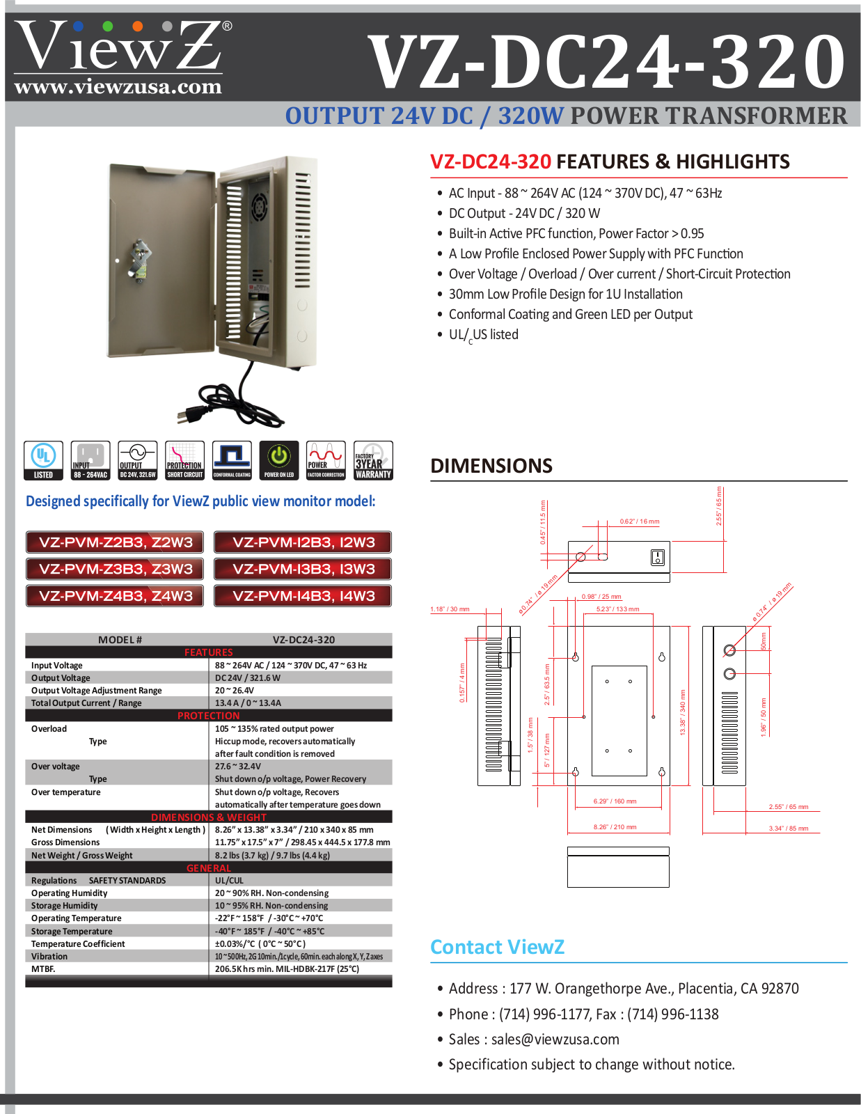 ViewZ VZ-DC24-320 Specsheet