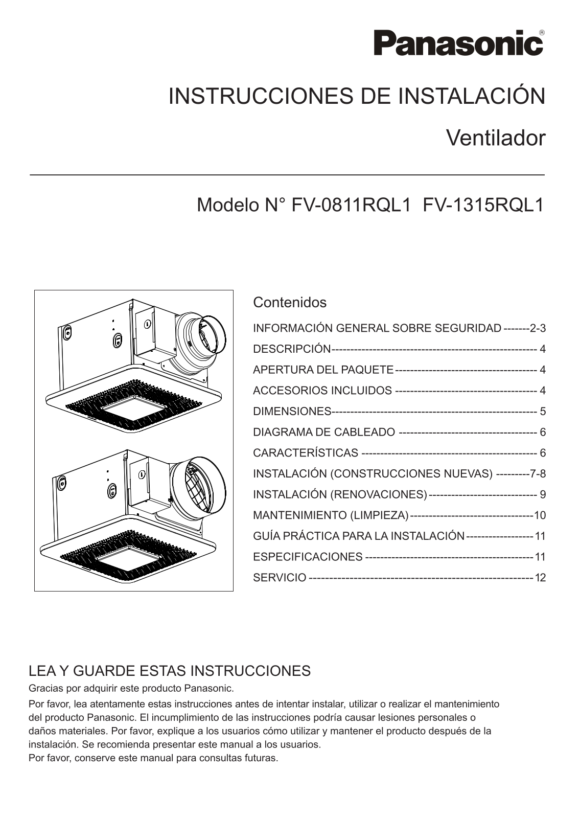 Panasonic fv-0811rql1v, fv-1315rql1 installation