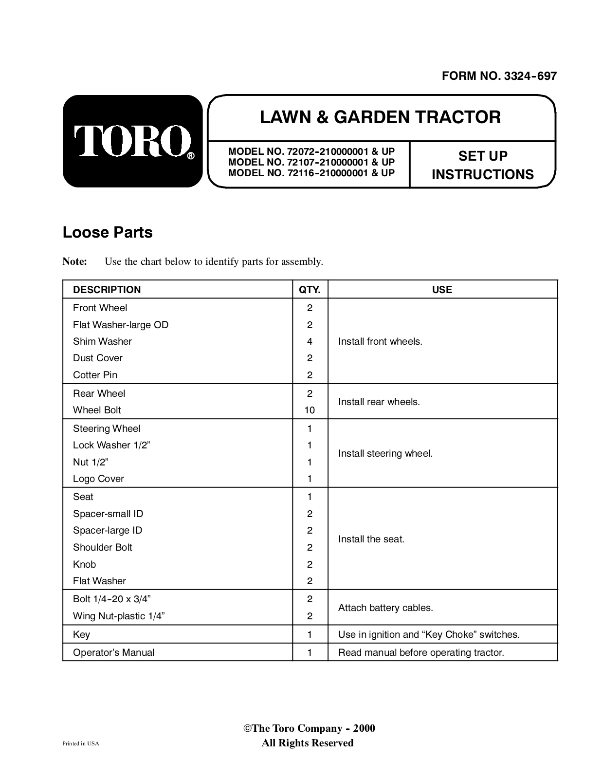 Toro 72072, 72107, 72116 Setup Instructions