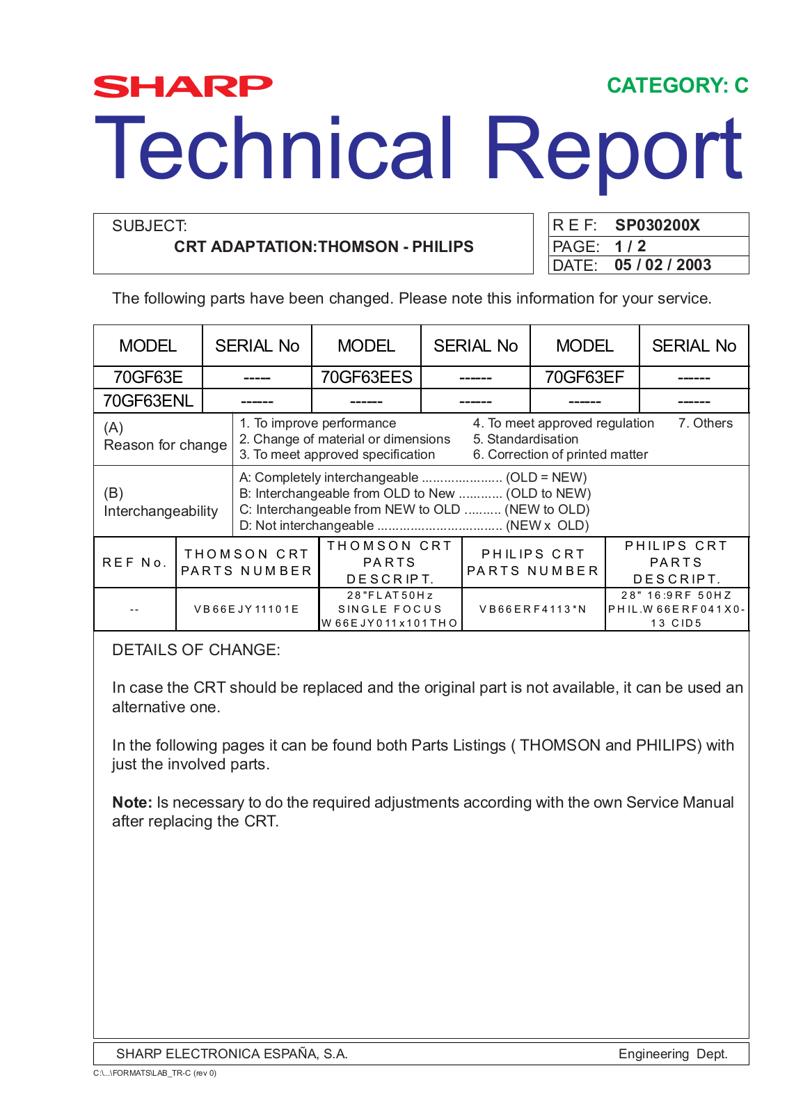 SHARP 70GF63E, 70GF63ENL Service Manual