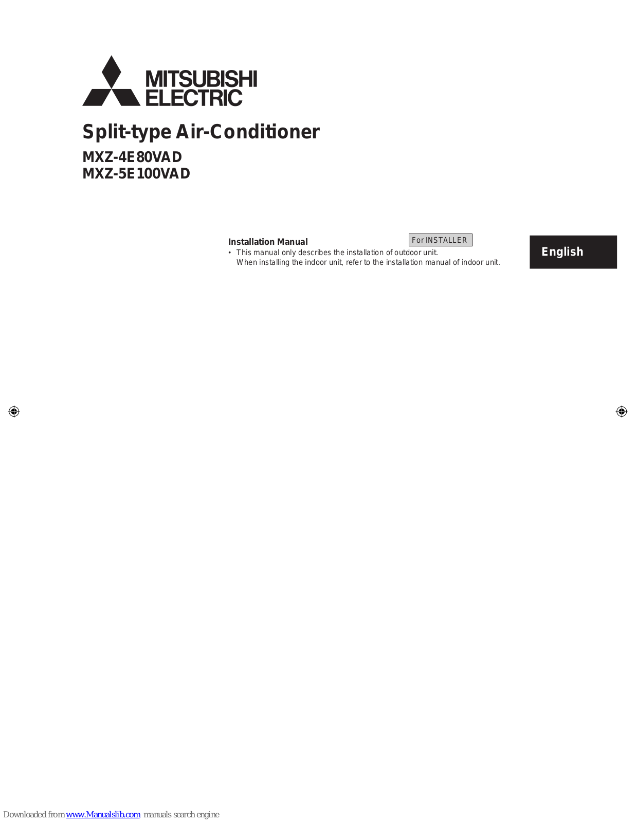 Mitsubishi MXZ-4E80VAD, MXZ-5E100VAD Installation Manual