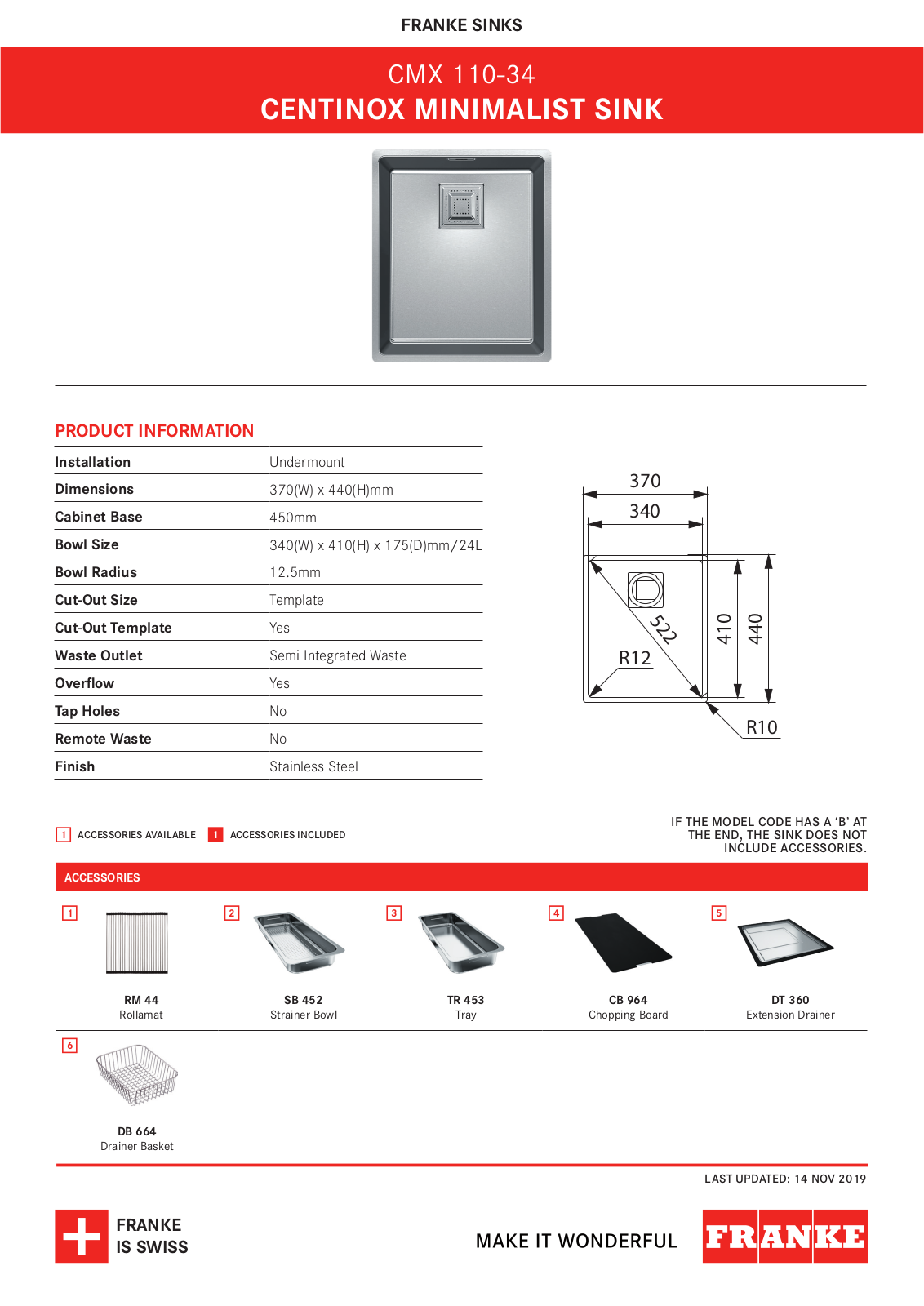 Franke CMX110-34 Specifications Sheet