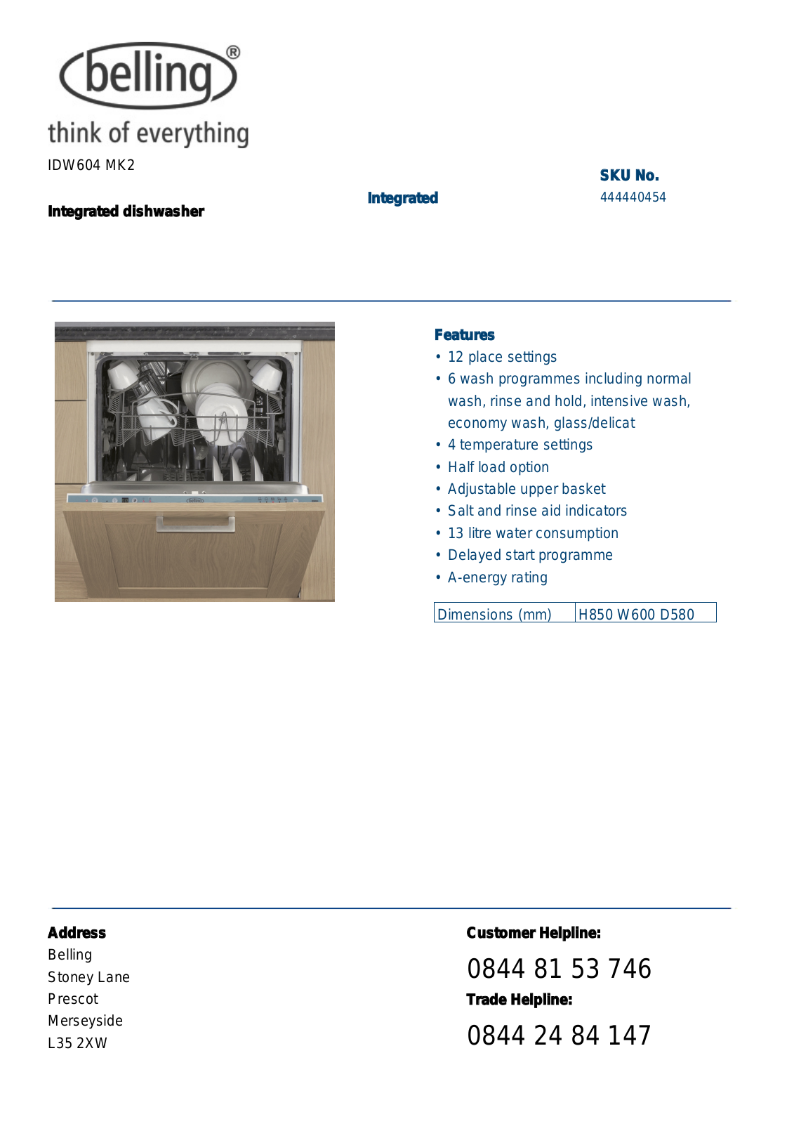 Belling IDW604 MK2 User Manual