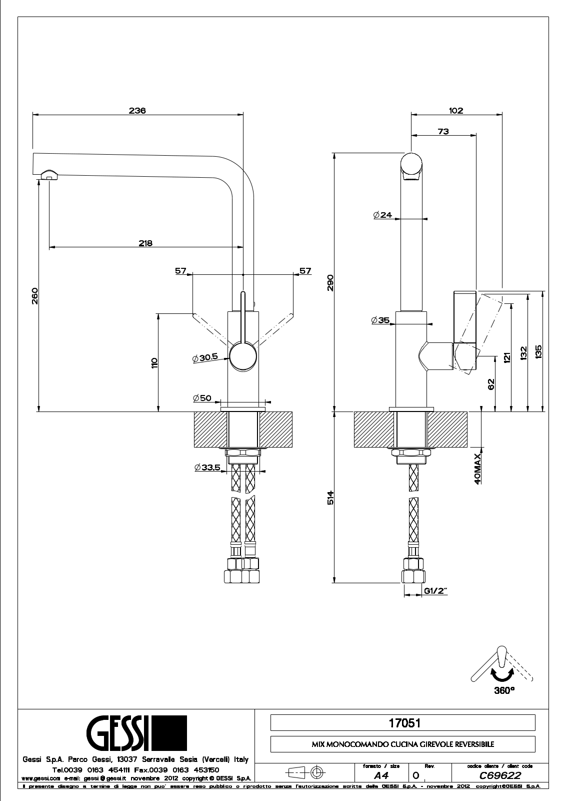 Gessi 17051BN, 17051W, 17051B Specifications Sheet