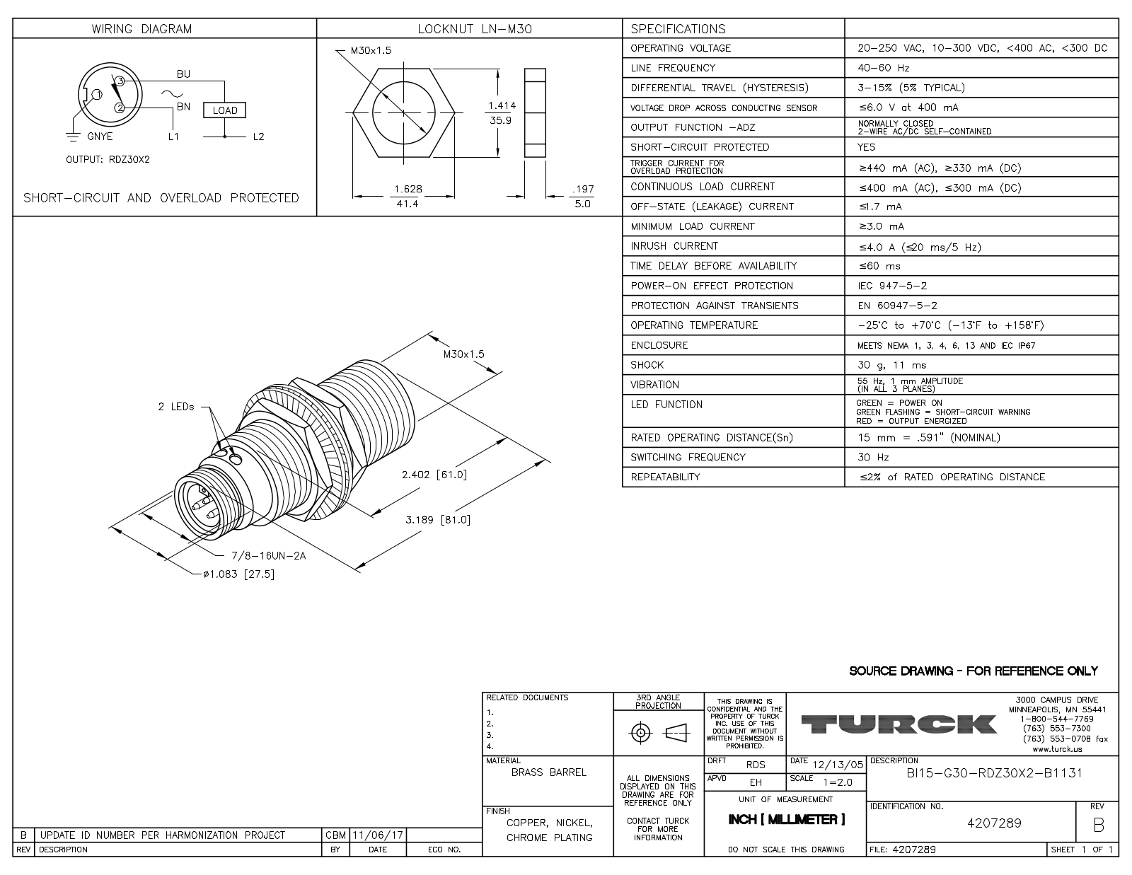 Turck BI15-G30-RDZ30X2-B1131 Data Sheet