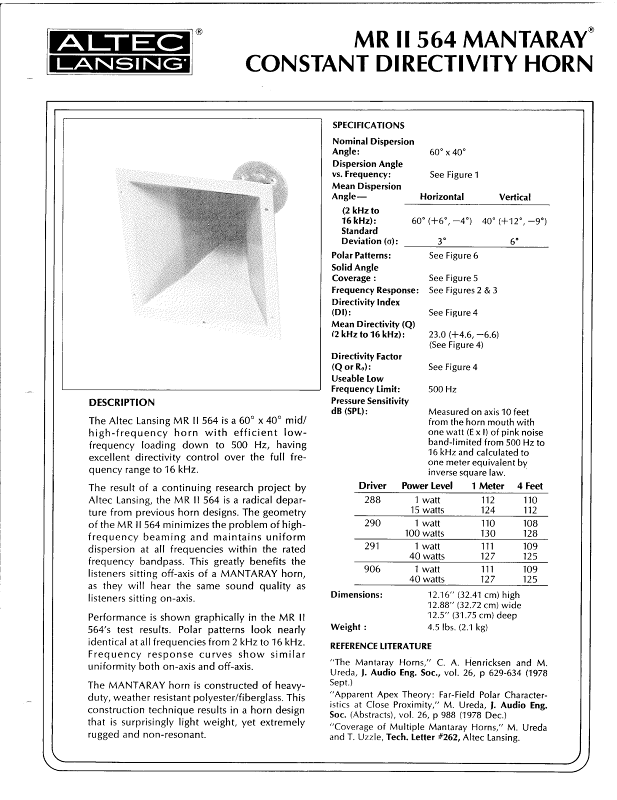 Altec lansing MRII564 HF HORN User Manual