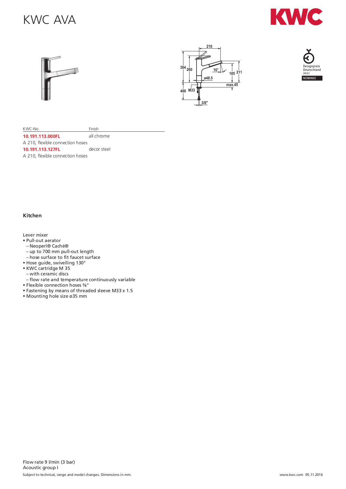 KWC 10191113000 Specifications Sheet