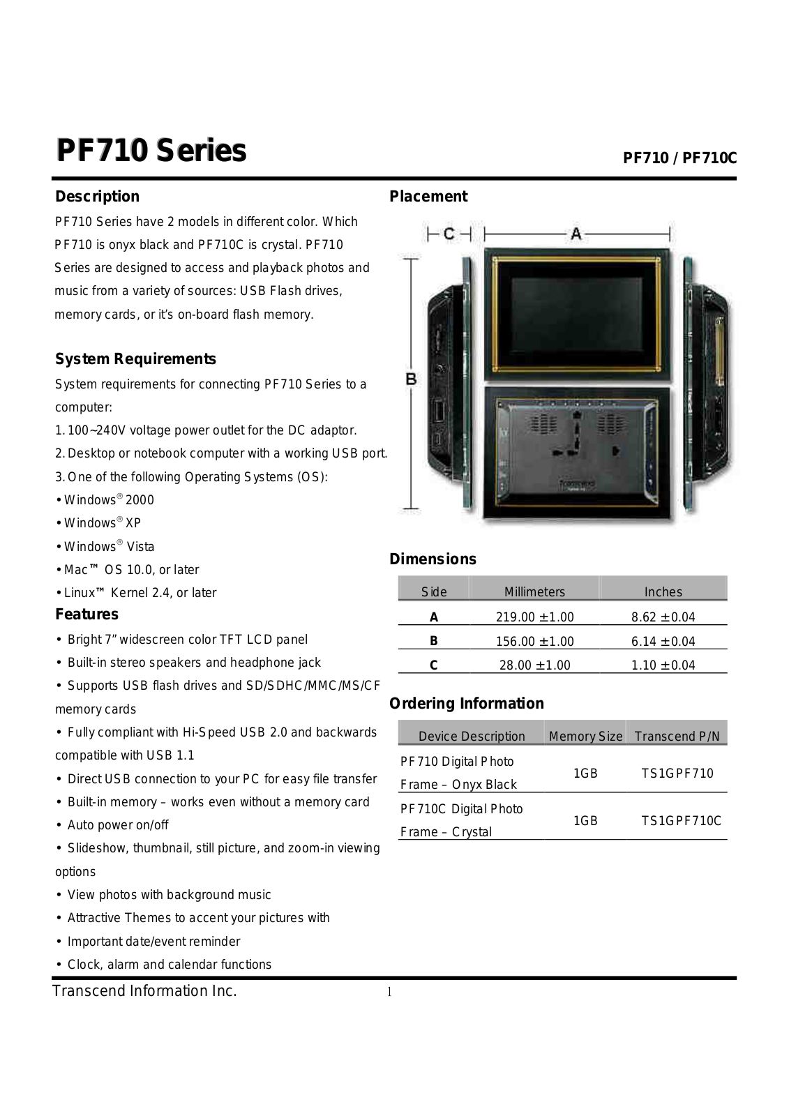 Transcend Information TS1GPF710, TS1GPF710C, PF710, PF710C User Manual