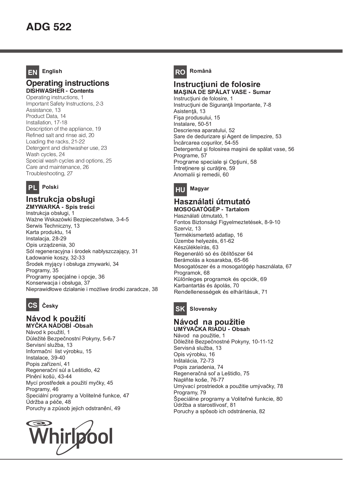 Whirlpool ADG 522 IX Operating Instructions